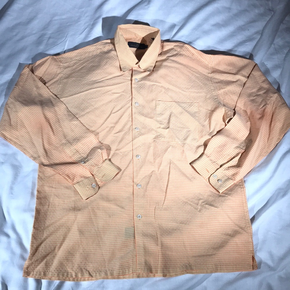 Bugatchi Men’s Tangerine/Yellow Micro Checkered Long Sleeve Button Down Shirt